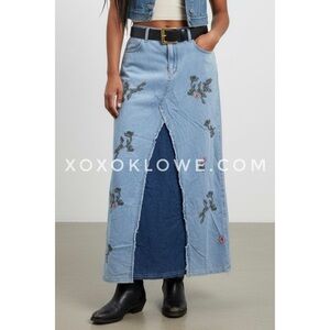 POL Floral Embroidered Mixed Denim Maxi Skirt | Boho A Line
